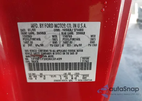 2002 Ford F-150 Xl/Xlt from USA, damaged, VIN 1FTRF172X2KC01429